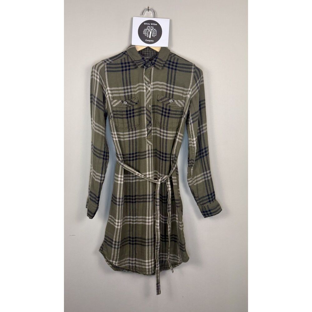 Vintage Eddie Bauer Olive Green, Navy, and White Plaid Shirt Dress